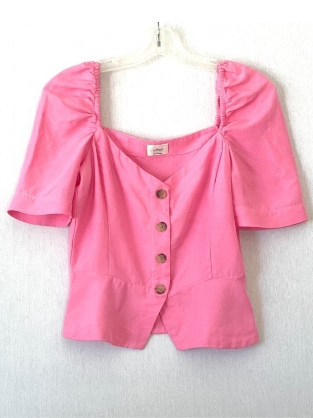 NWT Wilfred Janine Top Linen Button Down Puff Sleeve Pink Blouse Cottagecore